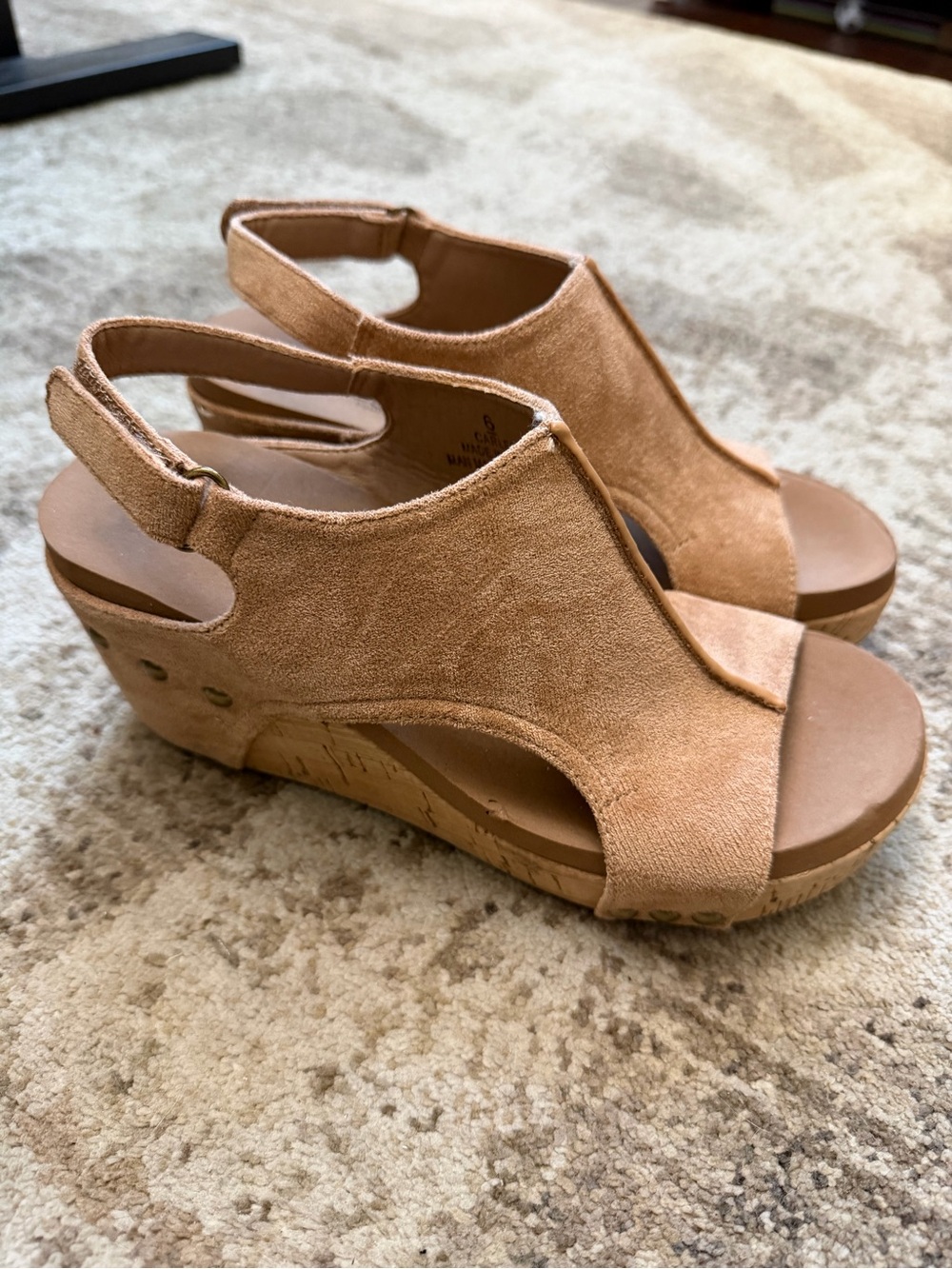 Corkys Tan Suede Open-Toe Slingback Wedge Sandals